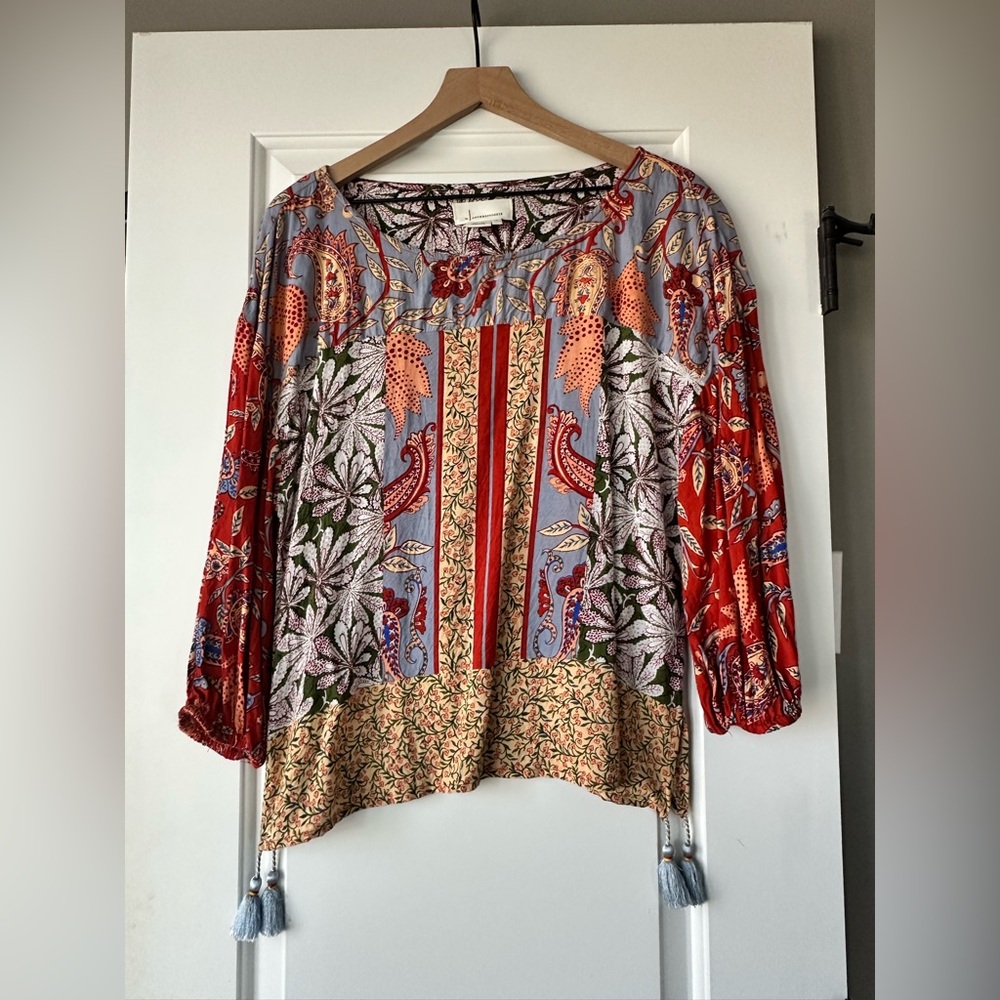 Anthropologie Red Multi Patchwork Peasant Blouse